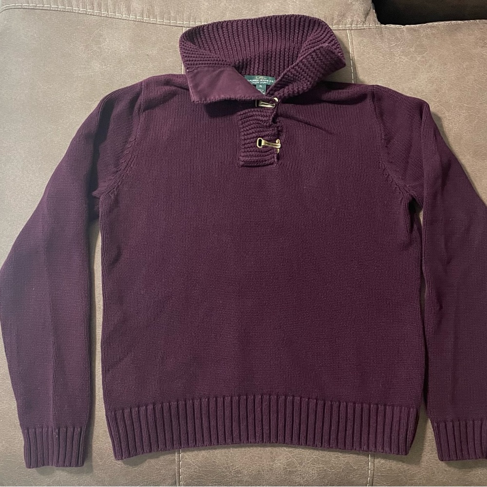 LRL Ralph Lauren Women XL Burgundy Sweater Cotton Knit Brass Clasps Closure